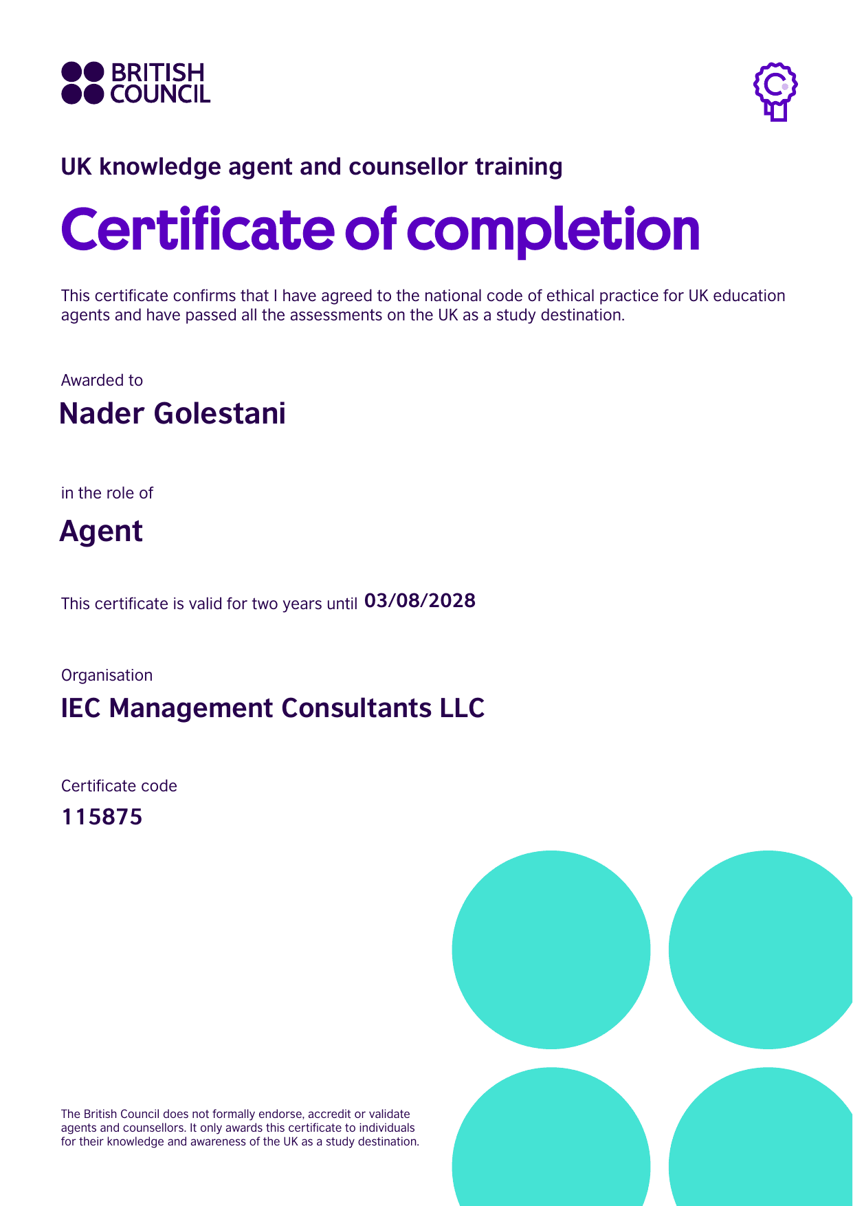 British Council UK knowledge agent and counsellor training certificate of completion