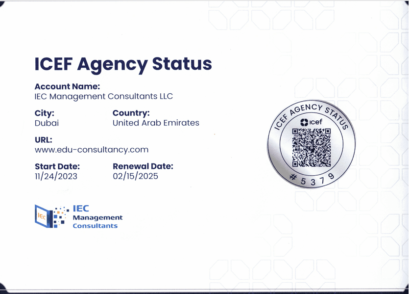 ICEF Agency Status credential for IEC Management Consultants LLC