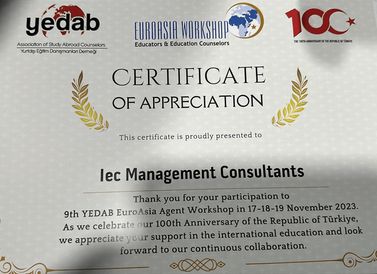 YEDAB EuroAsia Agent Workshop certificate of appreciation