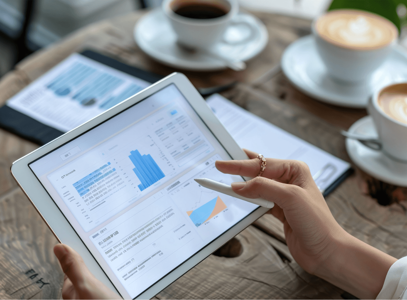 Counsellor reviewing analytics on a tablet over coffee
